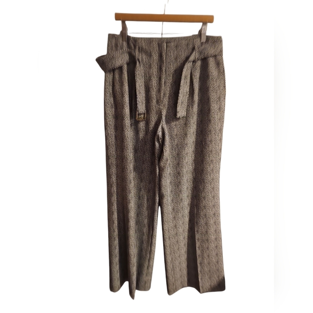 White House Black Market Luna Fluid Wide Leg Black White Pants 12 With Belt WP53 - Picture 6 of 12